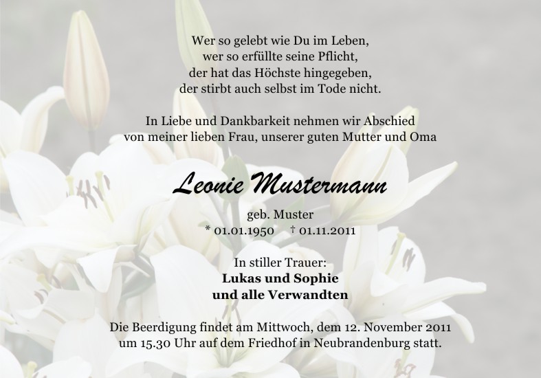 Danksagungen Trauer